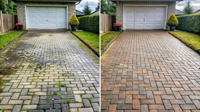 Paver driveway before and after professional restoration