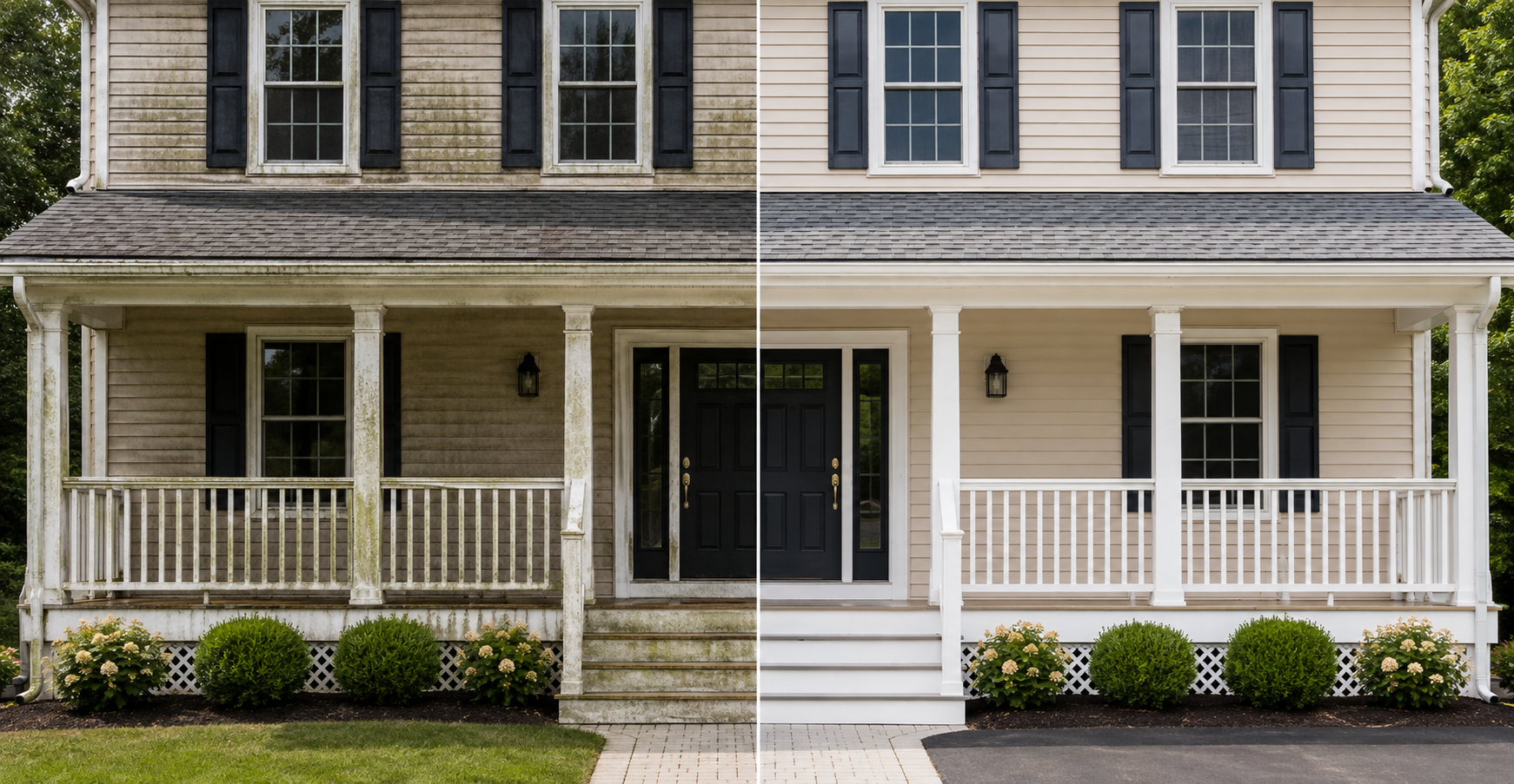 Close view of the same house and porch before and after professional soft washing